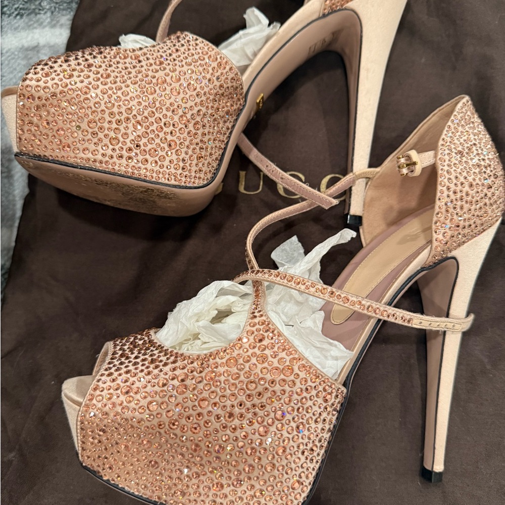 Elegant Tan High Heels with Rhinestones